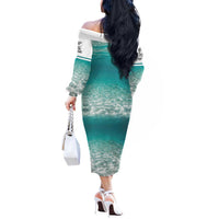 Striped Bass Fishing Off The Shoulder Long Sleeve Dress with Underwater Ocean Scene and Teal Water Pattern - Wonder Print Shop