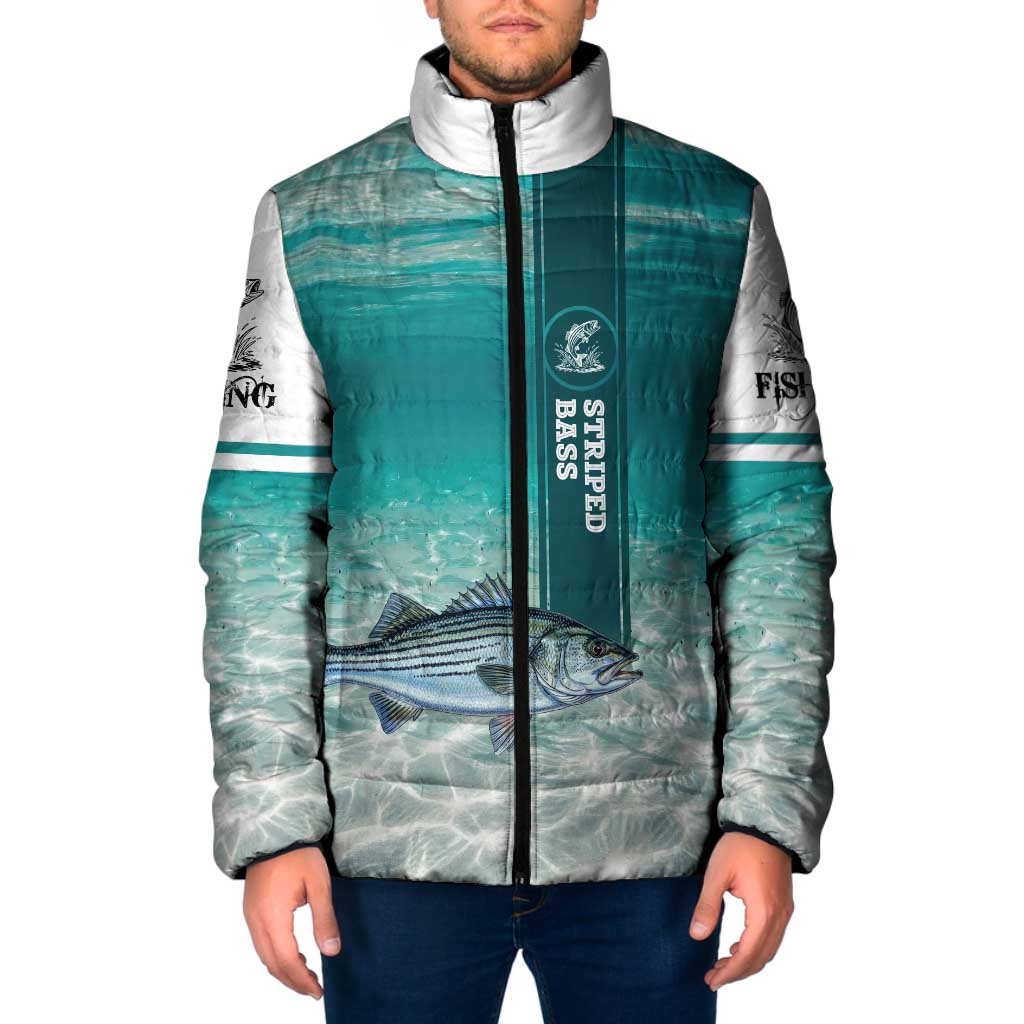 Striped Bass Fishing Padded Jacket with Underwater Ocean Scene and Teal Water Pattern - Wonder Print Shop
