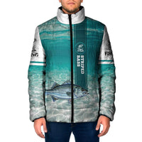 Striped Bass Fishing Padded Jacket with Underwater Ocean Scene and Teal Water Pattern - Wonder Print Shop