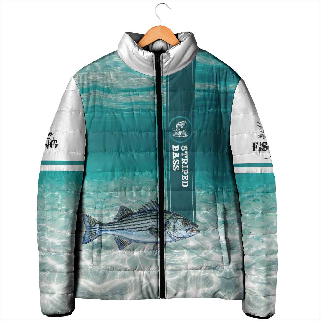 Striped Bass Fishing Padded Jacket with Underwater Ocean Scene and Teal Water Pattern - Wonder Print Shop
