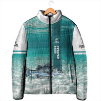 Striped Bass Fishing Padded Jacket with Underwater Ocean Scene and Teal Water Pattern - Wonder Print Shop