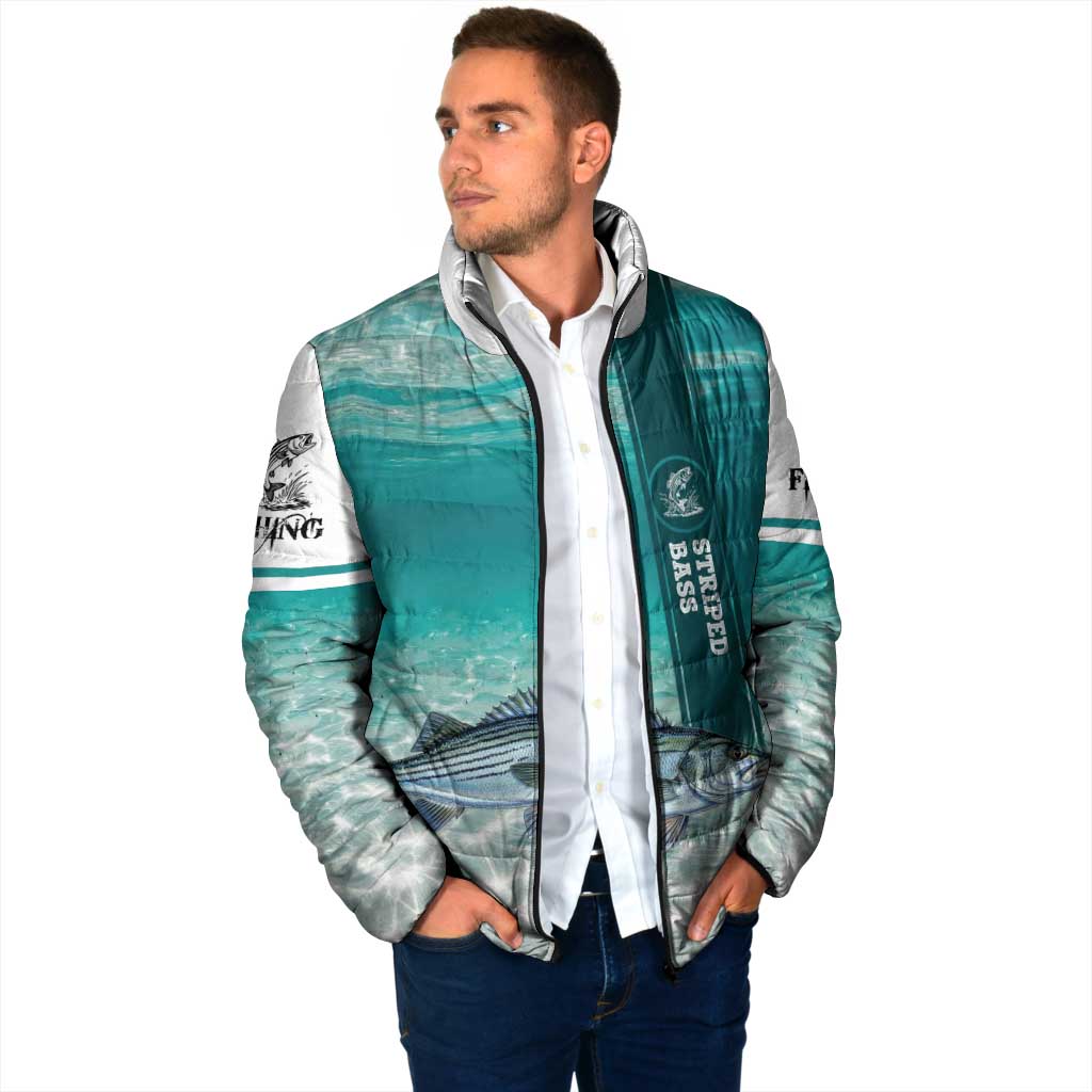 Striped Bass Fishing Padded Jacket with Underwater Ocean Scene and Teal Water Pattern - Wonder Print Shop