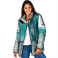 Striped Bass Fishing Padded Jacket with Underwater Ocean Scene and Teal Water Pattern - Wonder Print Shop