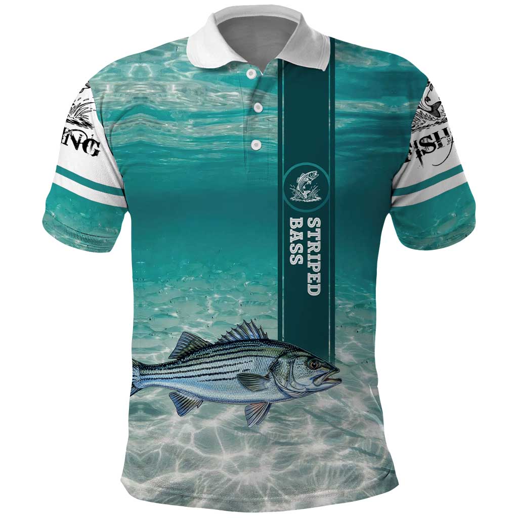 Striped Bass Fishing Polo Shirt with Underwater Ocean Scene and Teal Water Pattern - Wonder Print Shop