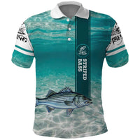 Striped Bass Fishing Polo Shirt with Underwater Ocean Scene and Teal Water Pattern - Wonder Print Shop