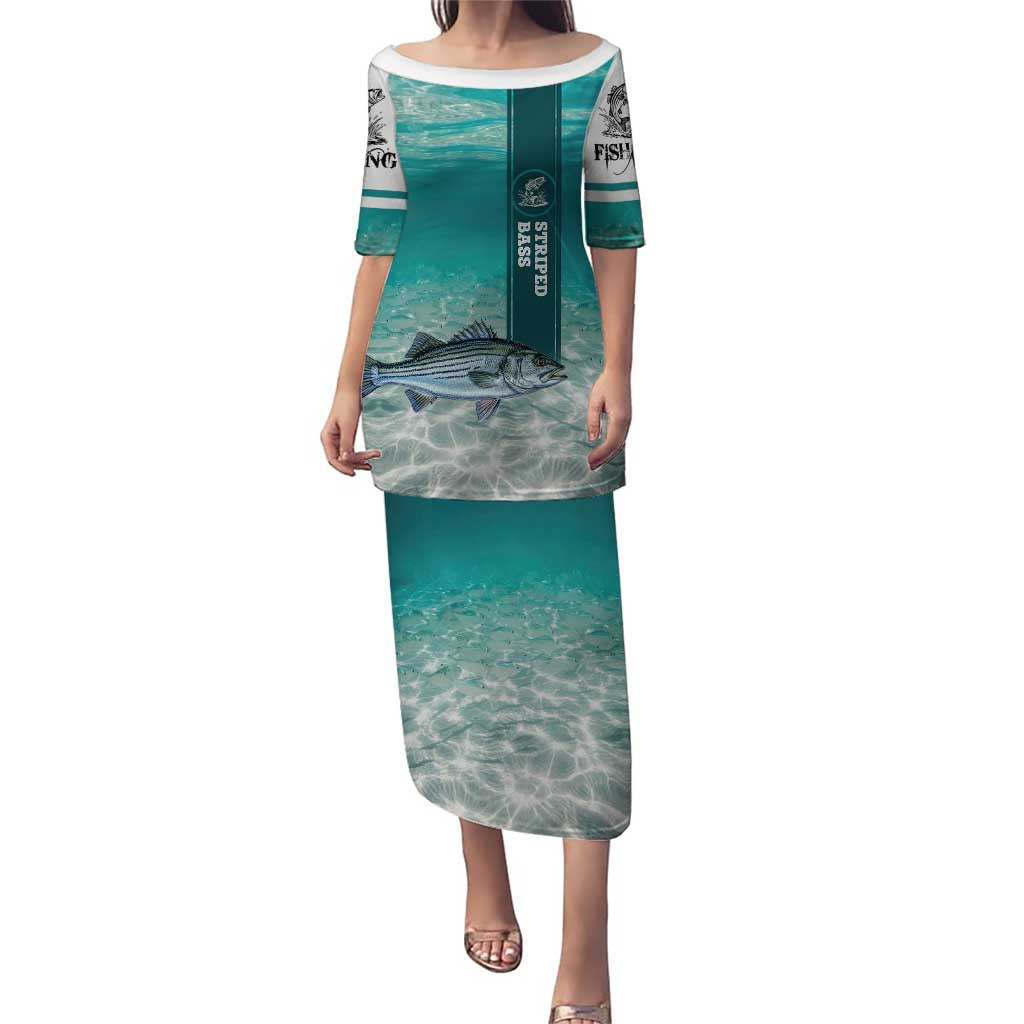 Striped Bass Fishing Puletasi with Underwater Ocean Scene and Teal Water Pattern - Wonder Print Shop