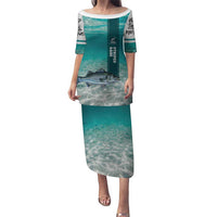 Striped Bass Fishing Puletasi with Underwater Ocean Scene and Teal Water Pattern - Wonder Print Shop