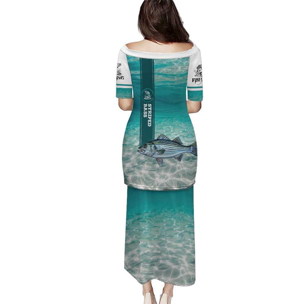 Striped Bass Fishing Puletasi with Underwater Ocean Scene and Teal Water Pattern - Wonder Print Shop
