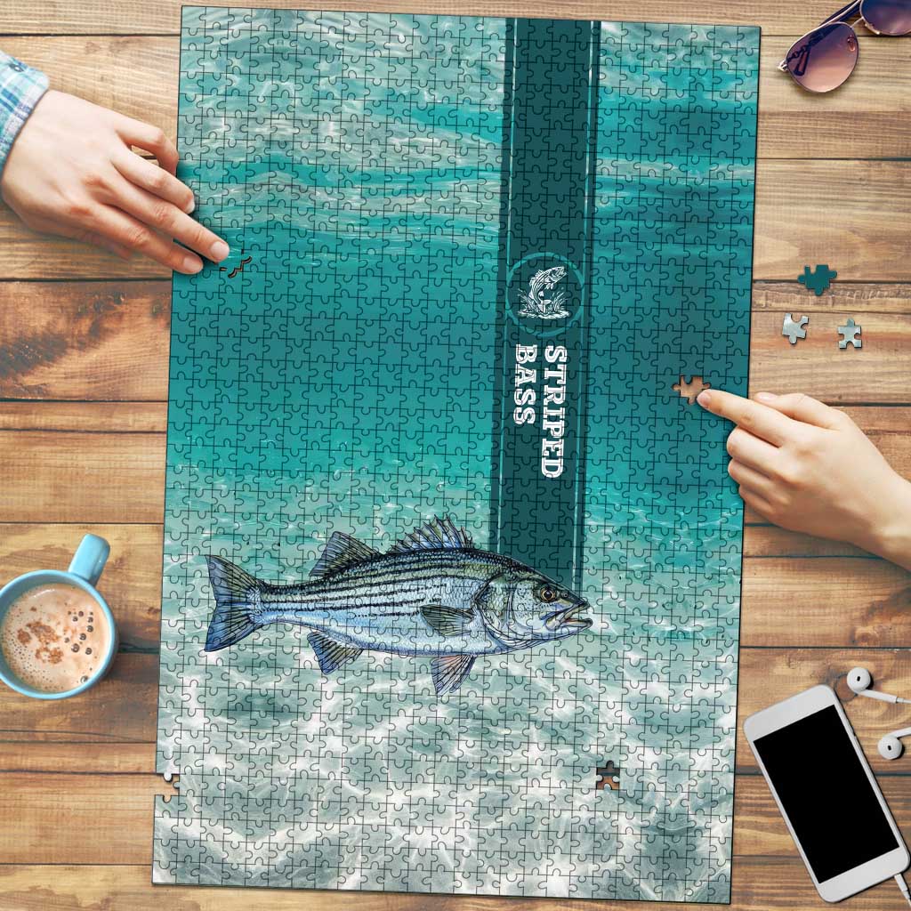 Striped Bass Fishing Puzzle with Underwater Ocean Scene and Teal Water Pattern - Wonder Print Shop