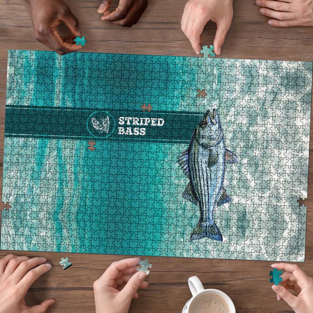 Striped Bass Fishing Puzzle with Underwater Ocean Scene and Teal Water Pattern - Wonder Print Shop