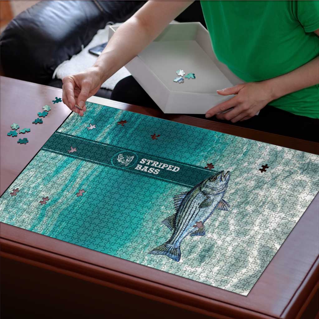 Striped Bass Fishing Puzzle with Underwater Ocean Scene and Teal Water Pattern - Wonder Print Shop