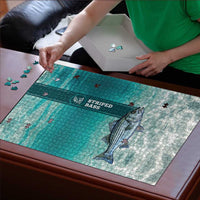 Striped Bass Fishing Puzzle with Underwater Ocean Scene and Teal Water Pattern - Wonder Print Shop