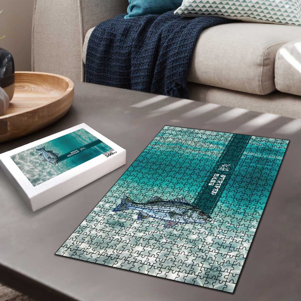 Striped Bass Fishing Puzzle with Underwater Ocean Scene and Teal Water Pattern - Wonder Print Shop