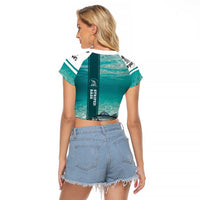 Striped Bass Fishing Raglan Cropped T Shirt with Underwater Ocean Scene and Teal Water Pattern - Wonder Print Shop