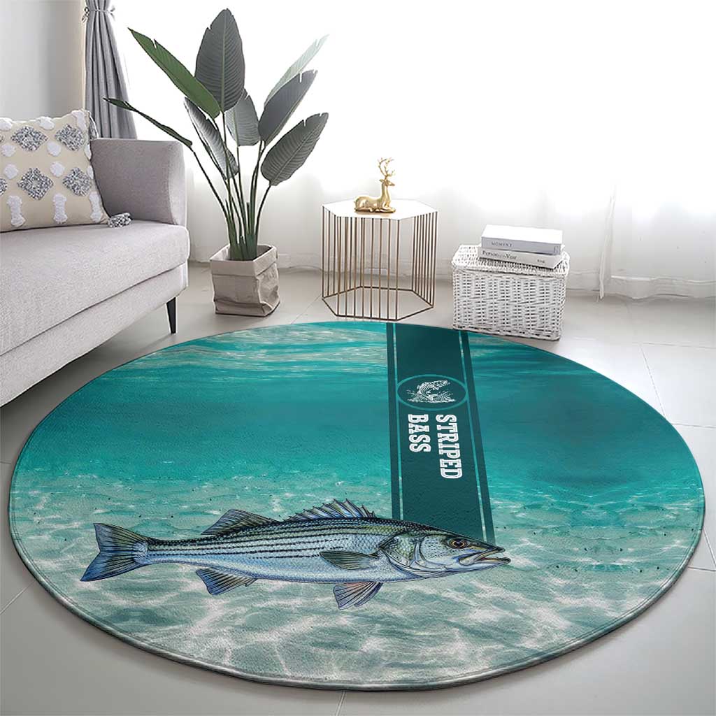Striped Bass Fishing Round Carpet with Underwater Ocean Scene and Teal Water Pattern - Wonder Print Shop