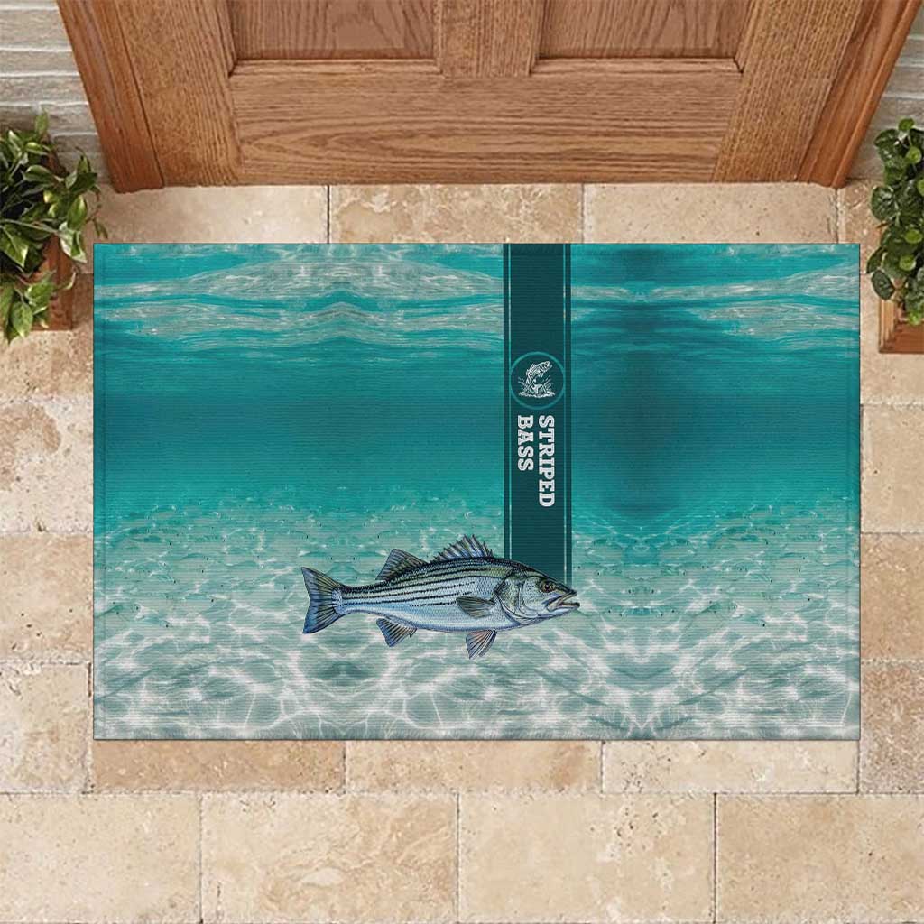 Striped Bass Fishing Rubber Doormat with Underwater Ocean Scene and Teal Water Pattern - Wonder Print Shop