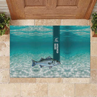 Striped Bass Fishing Rubber Doormat with Underwater Ocean Scene and Teal Water Pattern - Wonder Print Shop