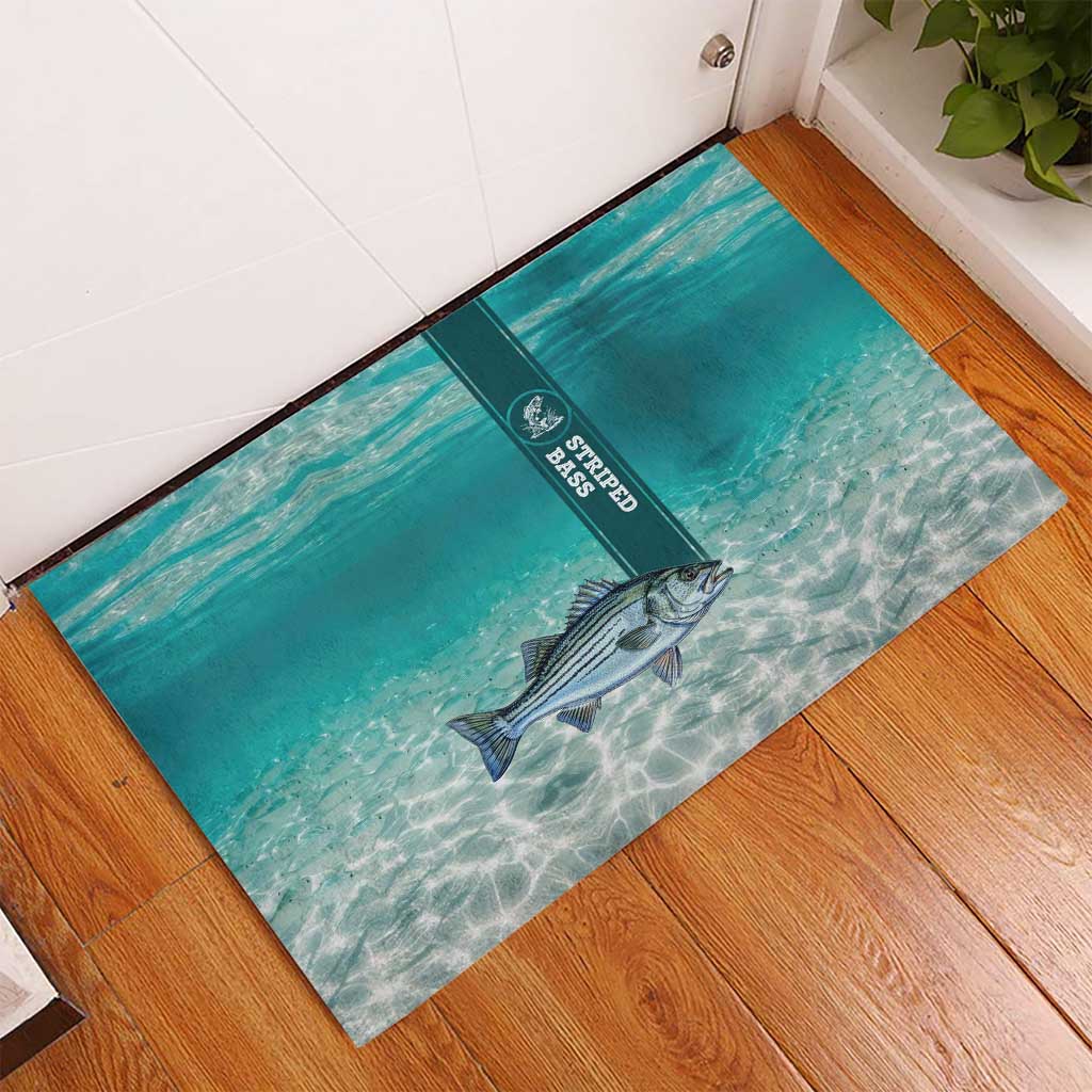 Striped Bass Fishing Rubber Doormat with Underwater Ocean Scene and Teal Water Pattern - Wonder Print Shop