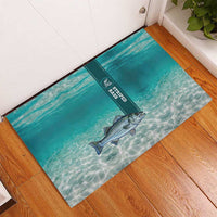 Striped Bass Fishing Rubber Doormat with Underwater Ocean Scene and Teal Water Pattern - Wonder Print Shop
