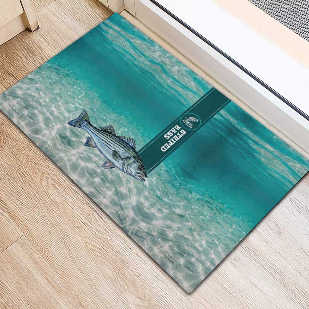 Striped Bass Fishing Rubber Doormat with Underwater Ocean Scene and Teal Water Pattern - Wonder Print Shop