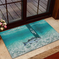 Striped Bass Fishing Rubber Doormat with Underwater Ocean Scene and Teal Water Pattern - Wonder Print Shop