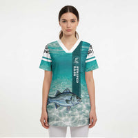 Striped Bass Fishing Scrub Top with Underwater Ocean Scene and Teal Water Pattern - Wonder Print Shop