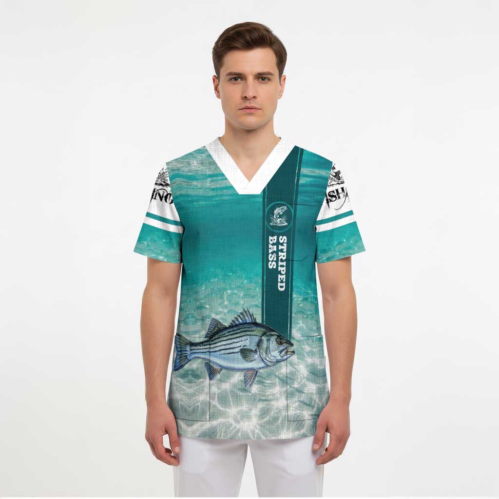 Striped Bass Fishing Scrub Top with Underwater Ocean Scene and Teal Water Pattern - Wonder Print Shop