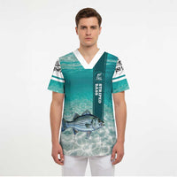 Striped Bass Fishing Scrub Top with Underwater Ocean Scene and Teal Water Pattern - Wonder Print Shop