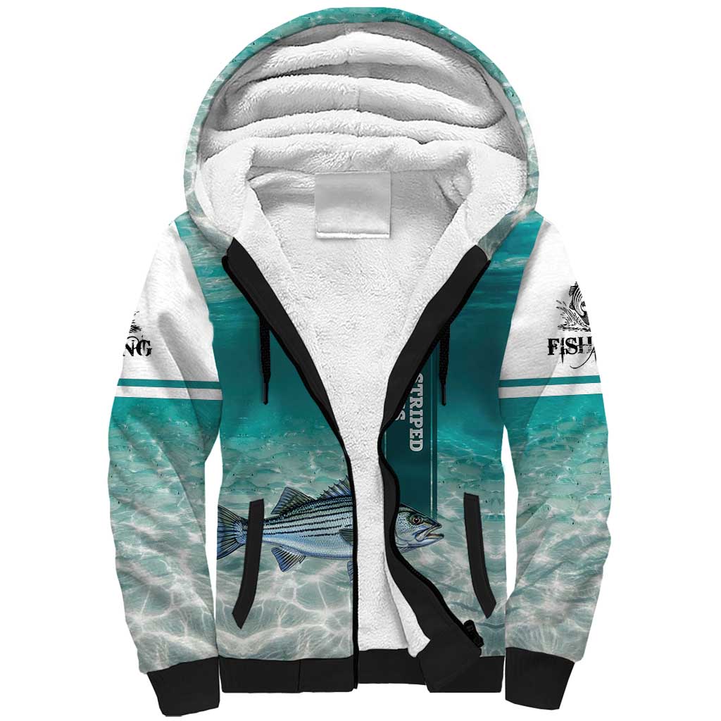 Striped Bass Fishing Sherpa Hoodie with Underwater Ocean Scene and Teal Water Pattern - Wonder Print Shop