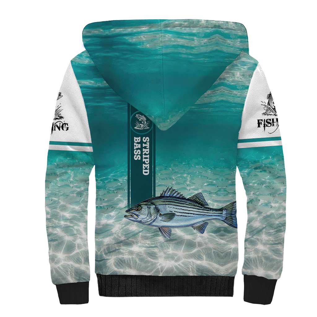 Striped Bass Fishing Sherpa Hoodie with Underwater Ocean Scene and Teal Water Pattern - Wonder Print Shop