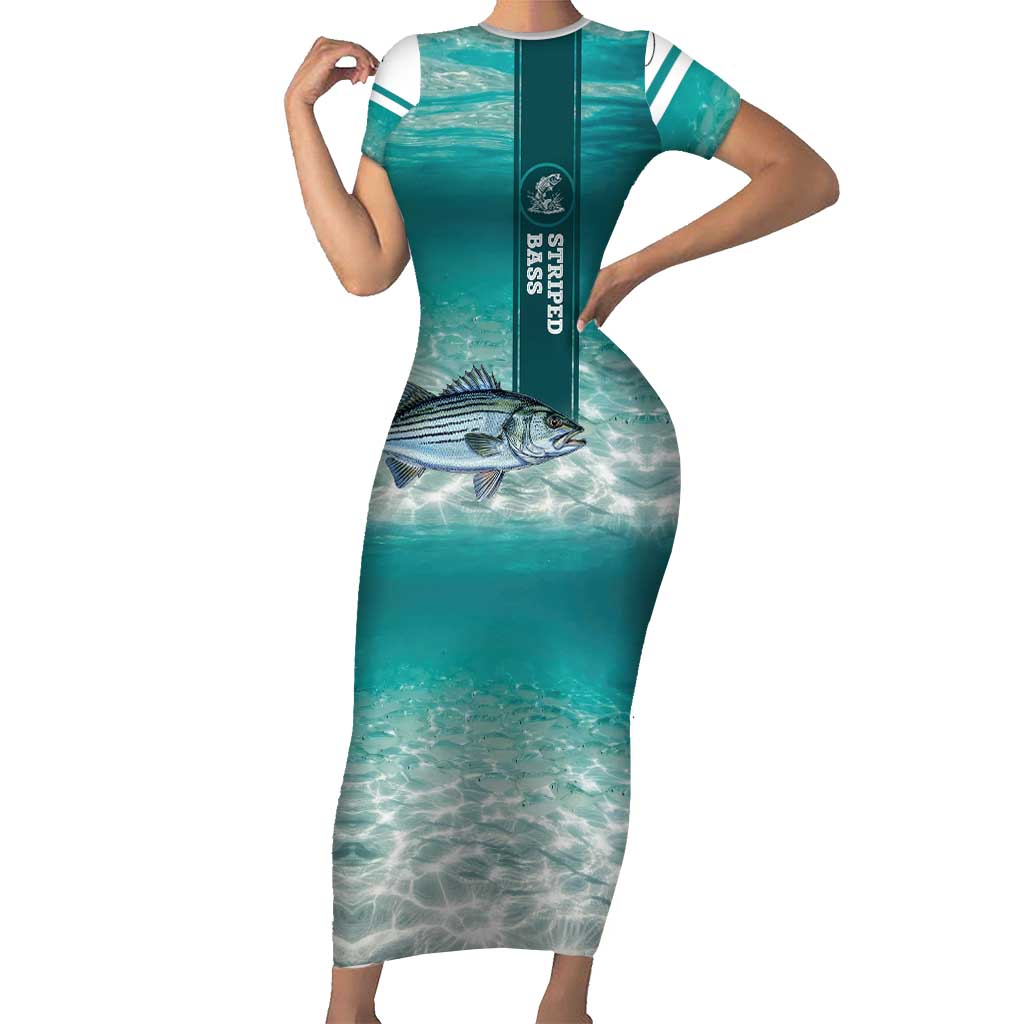 Striped Bass Fishing Short Sleeve Bodycon Dress with Underwater Ocean Scene and Teal Water Pattern - Wonder Print Shop