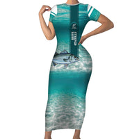 Striped Bass Fishing Short Sleeve Bodycon Dress with Underwater Ocean Scene and Teal Water Pattern - Wonder Print Shop