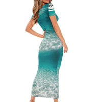 Striped Bass Fishing Short Sleeve Bodycon Dress with Underwater Ocean Scene and Teal Water Pattern - Wonder Print Shop