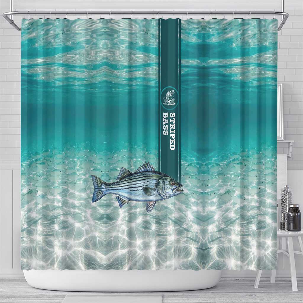 Striped Bass Fishing Shower Curtain with Underwater Ocean Scene and Teal Water Pattern - Wonder Print Shop