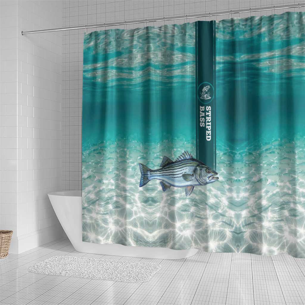 Striped Bass Fishing Shower Curtain with Underwater Ocean Scene and Teal Water Pattern - Wonder Print Shop