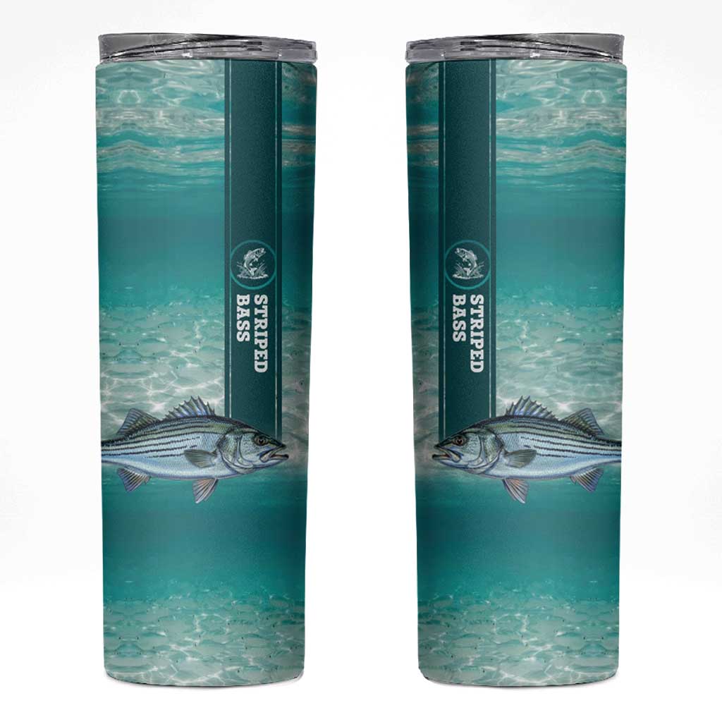 Striped Bass Fishing Skinny Tumbler with Underwater Ocean Scene and Teal Water Pattern - Wonder Print Shop
