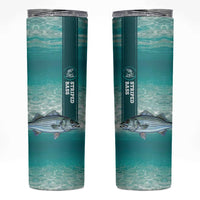 Striped Bass Fishing Skinny Tumbler with Underwater Ocean Scene and Teal Water Pattern - Wonder Print Shop