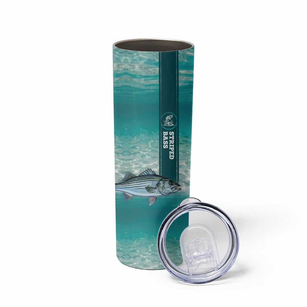 Striped Bass Fishing Skinny Tumbler with Underwater Ocean Scene and Teal Water Pattern - Wonder Print Shop