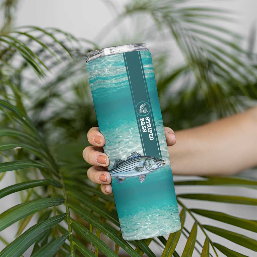 Striped Bass Fishing Skinny Tumbler with Underwater Ocean Scene and Teal Water Pattern - Wonder Print Shop