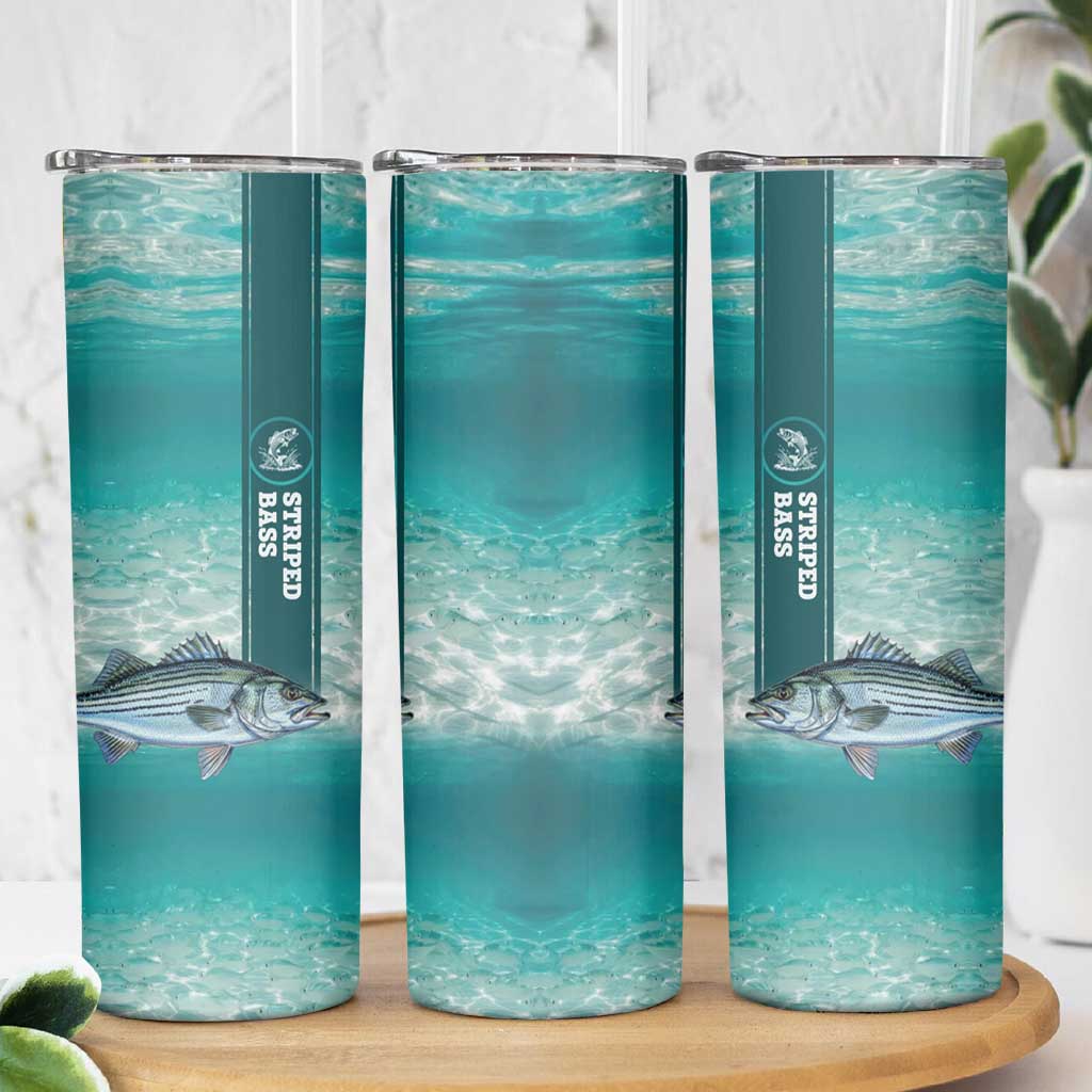 Striped Bass Fishing Skinny Tumbler with Underwater Ocean Scene and Teal Water Pattern - Wonder Print Shop