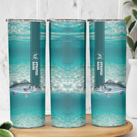 Striped Bass Fishing Skinny Tumbler with Underwater Ocean Scene and Teal Water Pattern - Wonder Print Shop