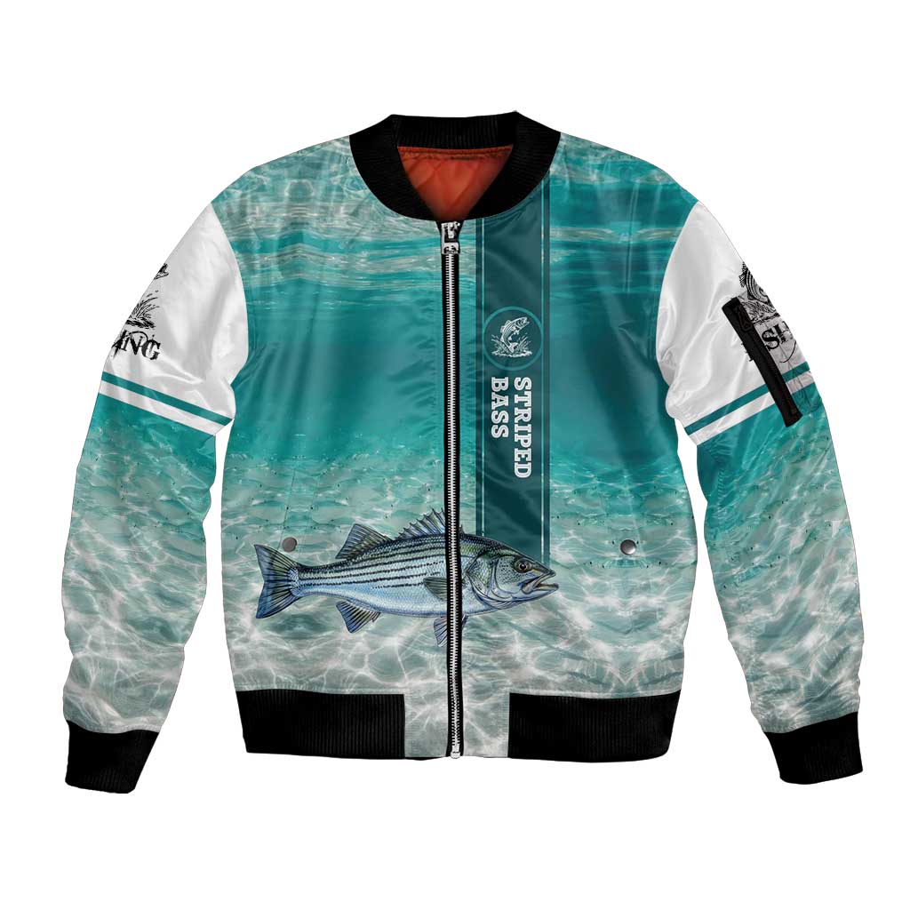 Striped Bass Fishing Sleeve Zip Bomber Jacket with Underwater Ocean Scene and Teal Water Pattern - Wonder Print Shop