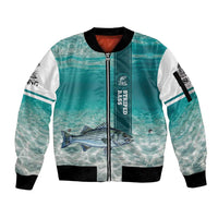 Striped Bass Fishing Sleeve Zip Bomber Jacket with Underwater Ocean Scene and Teal Water Pattern - Wonder Print Shop