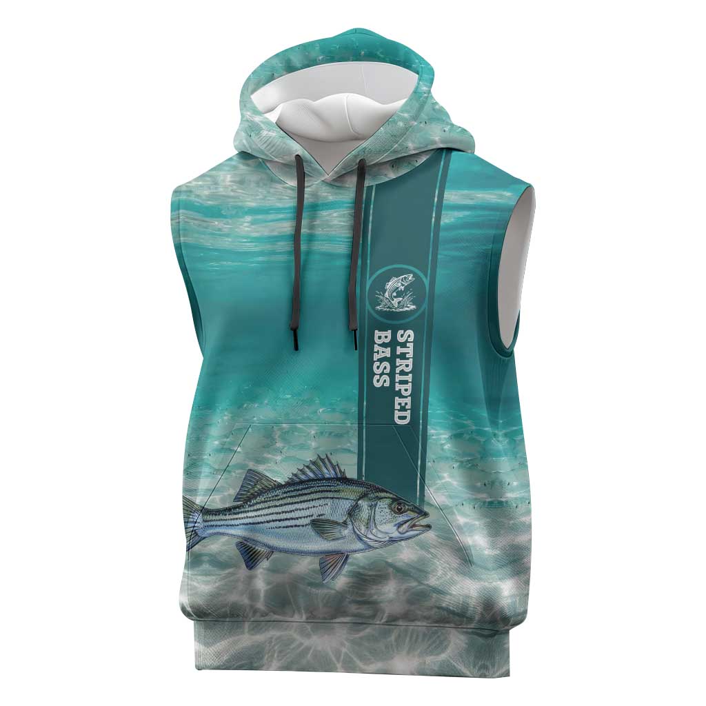 Striped Bass Fishing Sleeveless Hoodie with Underwater Ocean Scene and Teal Water Pattern - Wonder Print Shop