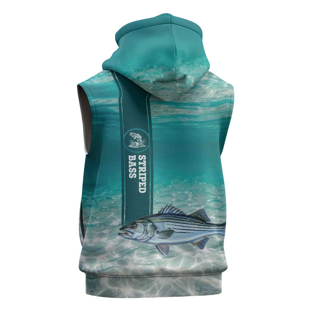 Striped Bass Fishing Sleeveless Hoodie with Underwater Ocean Scene and Teal Water Pattern - Wonder Print Shop
