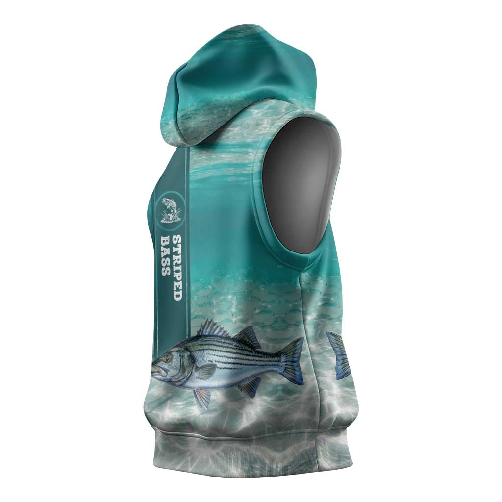Striped Bass Fishing Sleeveless Hoodie with Underwater Ocean Scene and Teal Water Pattern - Wonder Print Shop
