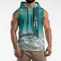 Striped Bass Fishing Sleeveless Hoodie with Underwater Ocean Scene and Teal Water Pattern - Wonder Print Shop