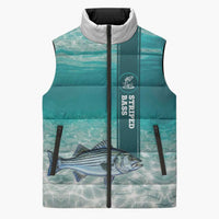 Striped Bass Fishing Sleeveless Puffer Jacket with Underwater Ocean Scene and Teal Water Pattern - Wonder Print Shop