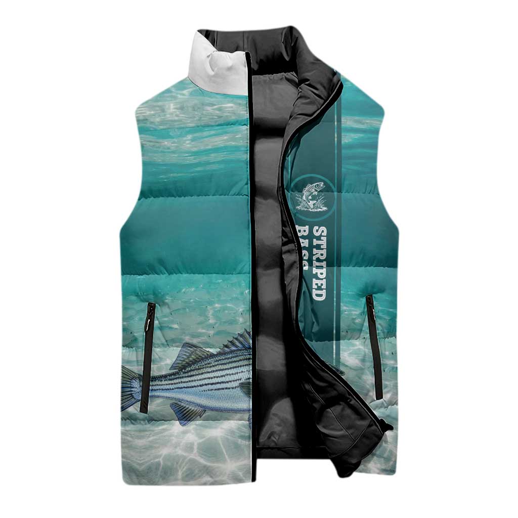Striped Bass Fishing Sleeveless Puffer Jacket with Underwater Ocean Scene and Teal Water Pattern - Wonder Print Shop