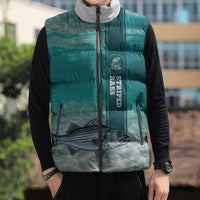 Striped Bass Fishing Sleeveless Puffer Jacket with Underwater Ocean Scene and Teal Water Pattern - Wonder Print Shop